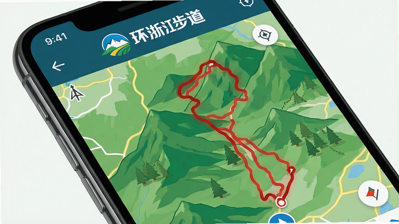 手机屏幕特写,显示“环浙步道”APP的地图导航界面,地图上有一条醒目的红色徒步路线轨迹,背景是绿色山林矢量地图,界面顶部显示“环浙步道”Logo,风格科技感与户外风结合,细节丰富,画质清晰,干净无多余元素