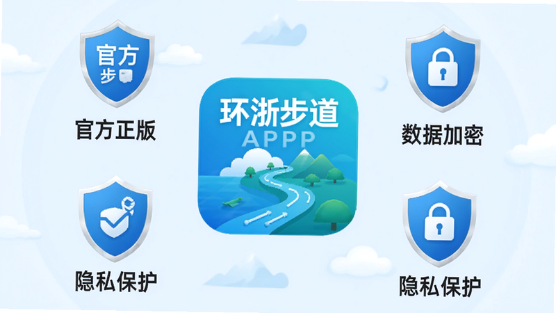 “环浙步道”APP的安全认证展示图,背景为浅蓝色,中央显示APP图标,周围环绕着“官方正版”、“数据加密”、“隐私保护”等盾牌图标,文字清晰,风格专业可信,画质高清,干净无多余元素