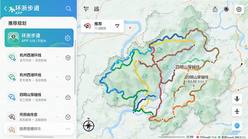 “环浙步道”APP的路线规划界面,左侧显示路线列表,右侧地图展示多条不同颜色的推荐路线,如“杭州西湖环线”、“四明山穿越线”,界面元素丰富,色彩搭配和谐,风格现代,细节完整,画质高清,干净无多余元素