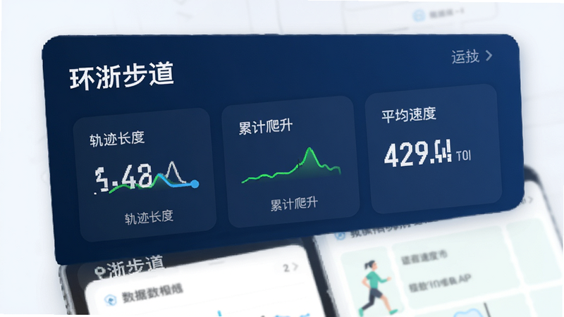 数据可视化风格的图表界面,背景为深蓝色,前景展示“环浙步道”APP生成的运动数据卡片,包含“轨迹长度”、“累计爬升”、“平均速度”等关键数据,字体清晰,布局紧凑,风格专业简洁,画质细腻,干净无多余元素