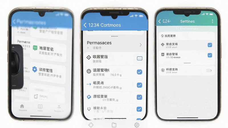 主体为手机设置界面截图,展示权限管理页面,布局清晰,排版整洁,风格扁平化,细节显示勾选状态,画质清晰,干净,无多余元素