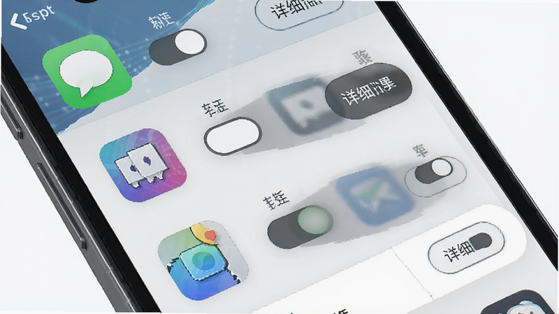 主体为手机界面示意图,展示应用列表页,每个应用图标旁有滑动开关和详细选项按钮,布局整齐,排版清晰,风格科技感强,细节显示开关状态,画质清晰,干净,无多余元素