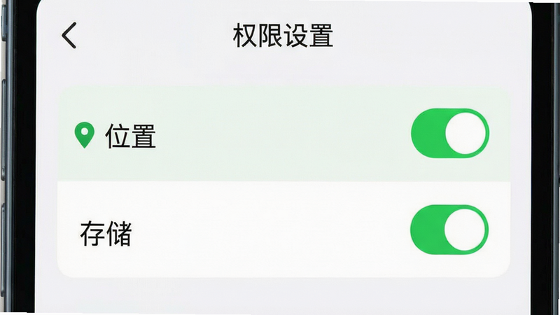 主体为手机设置界面,布局展示权限管理列表,高亮显示“位置”与“存储”开关,风格为极简UI设计,细节包含绿色开启状态图标,画质清晰,干净,无多余元素,文字“权限设置”
