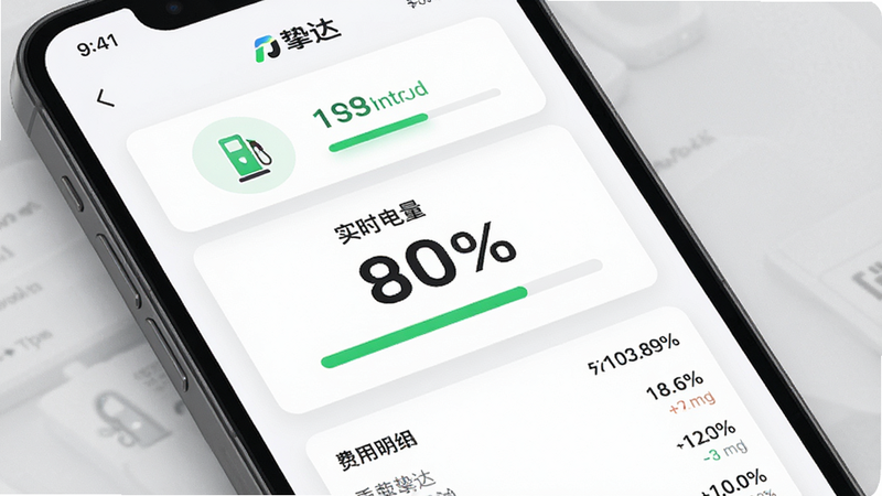 主体为一部智能手机,屏幕显示“挚达”APP界面,布局采用卡片式设计,上方为充电桩状态图标,中间为实时电量百分比大数字显示,下方为费用明细列表,风格为现代扁平化科技风,细节包含绿色进度条与白色背景,画质高清,干净,无多余元素,文字“挚达”清晰可见