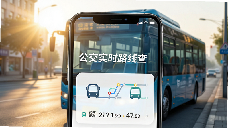 一张展示手机屏幕的高清特写图,主体为“公交实时路线查”APP的启动界面,背景是清晨的城市街道,阳光洒在公交车身上。屏幕中央清晰显示“公交实时路线查”字样,下方有简化的公交线路图标和实时距离数据,整体风格清新、现代、科技感强,细节丰富,画质4K,干净无多余元素