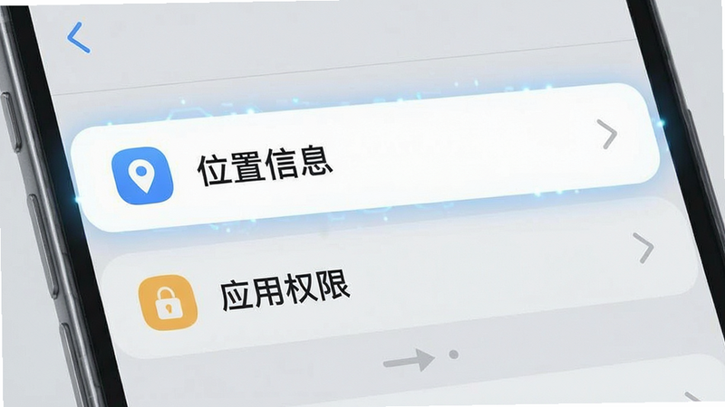 手机设置界面示意图,突出显示“位置信息”和“应用权限”设置项,界面风格简洁,图标清晰,背景为浅灰色,体现科技感与操作指引性,无多余文字