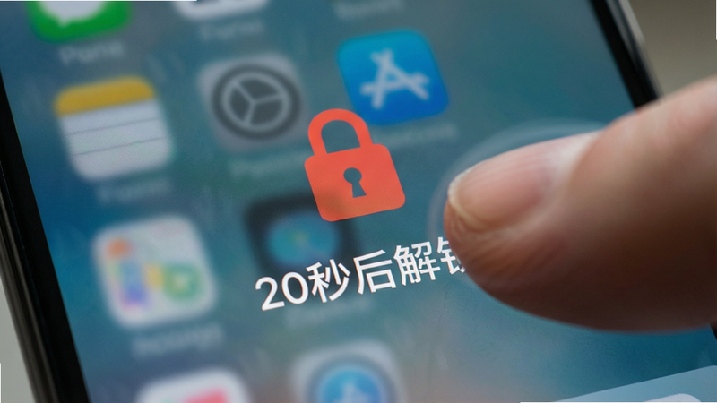 手机界面特写,显示红色锁定图标和“20秒后解锁”字样,布局居中,风格警示且醒目,细节包含手指点击屏幕的模糊残影,画质高清,干净,无多余元素