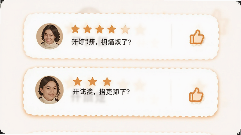 用户评价界面,显示五星好评和简短评语,布局卡片式,风格温暖橙色,细节包含用户头像和点赞图标,画质清晰,干净,无多余元素