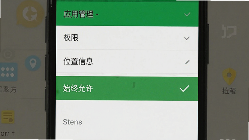 主体为手机设置界面截图,显示“应用管理”-“权限”-“位置信息”设置项,布局为列表式,高亮显示“始终允许”选项,风格为安卓系统原生UI,细节包含对勾图标,画质清晰,干净,无多余元素