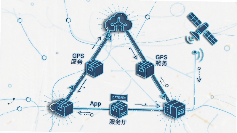 主体为数据流程图示,展示“公交实时路线查”App与云端服务器、GPS卫星之间的数据交互,布局为三角结构,连线清晰标注数据流向,风格为科技感线条图,细节包含数据包图标,画质高清,干净,无多余元素