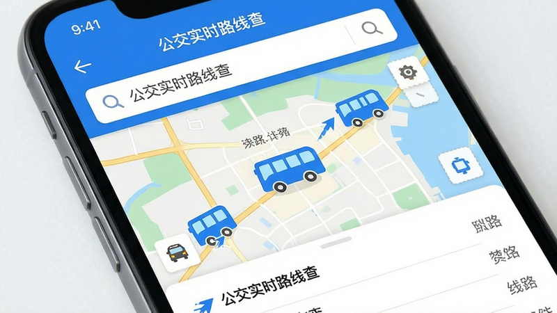主体为智能手机屏幕特写,显示“公交实时路线查”App界面,布局清晰,顶部为搜索栏,中部为地图区域,标记有蓝色动态公交图标,底部为线路列表,排版简洁现代,风格扁平化,细节包含清晰的文字标签,画质高清,干净,无多余元素