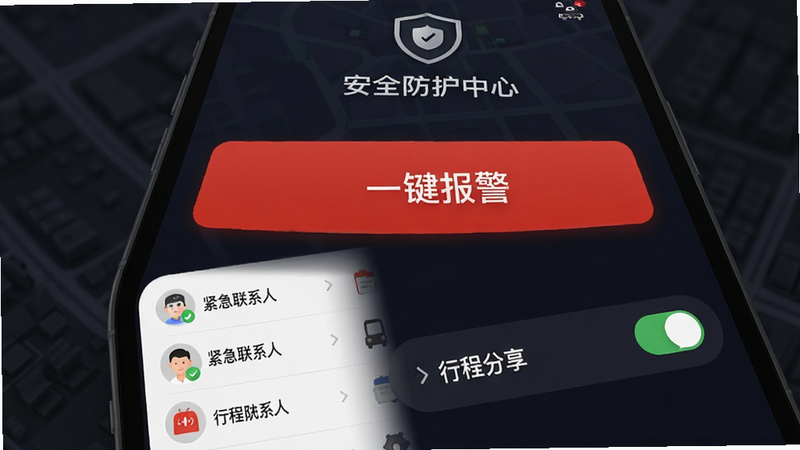 ��ȫ�������Ľ��棬�ֻ���Ļ��ʾ��ɫ��һ����������ť���·��г�������ϵ���б����г̷������أ�����Ϊ��ɫ����ͻ����ȫ�У�ͼ��������UI����Ͻ�������