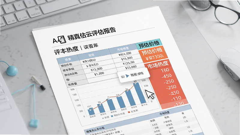 展示精真估云评估生成的评估报告界面,主体为一份A4大小的电子文档预览,布局严谨,表格清晰,高亮显示