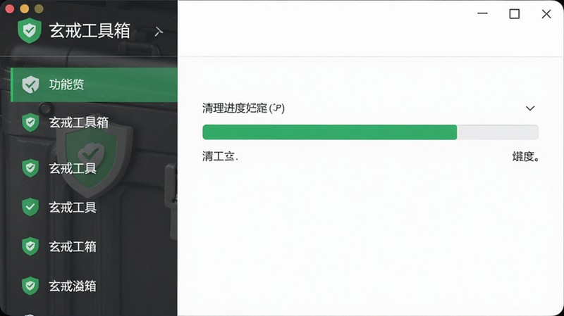 主体为玄戒工具箱的功能界面展示,布局为左右分栏,左侧是功能列表,右侧是清理进度条,排版清晰整齐,风格为极简商务风,细节处有绿色安全盾牌图标,文字包含