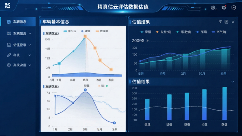 精真估云评估数据估值界面,显示车辆基本信息与估值结果图表,蓝色科技风格,数据可视化清晰,高清,干净