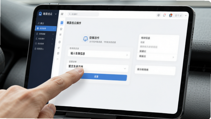 精真估云评估操作界面,手指点击屏幕,显示输入车辆信息步骤,简洁UI设计,高清,无多余元素