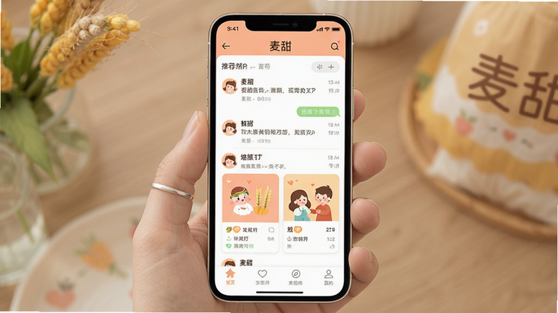 生成一张展示“麦甜”APP主界面的UI设计图,主体为手机屏幕,布局清晰简洁,顶部有导航栏,中间是聊天列表或推荐卡片,底部为功能标签栏。风格为现代扁平化设计,色彩柔和温馨,细节精致,画质高清,无多余元素,文字显示为“麦甜”