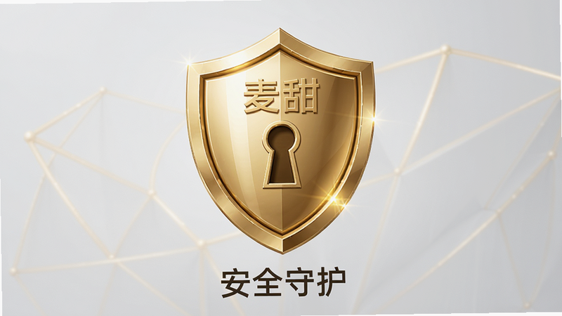 生成一张展示“麦甜”隐私安全盾牌的概念图,主体为一个金色的盾牌图标,中间嵌有锁孔,背景为浅灰色渐变,布局居中,风格为商务专业风,细节包含细微的光泽反射,画质高保真,干净,无多余元素,文字显示为“安全守护”