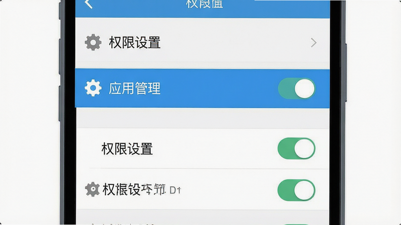 生成一张展示手机设置界面的教程插图,主体为手机设置菜单,高亮显示“应用管理”和“权限设置”选项,布局为垂直列表,风格为简约扁平化,细节包含齿轮图标和开关控件,画质清晰,干净,无多余元素,文字显示为“权限设置”