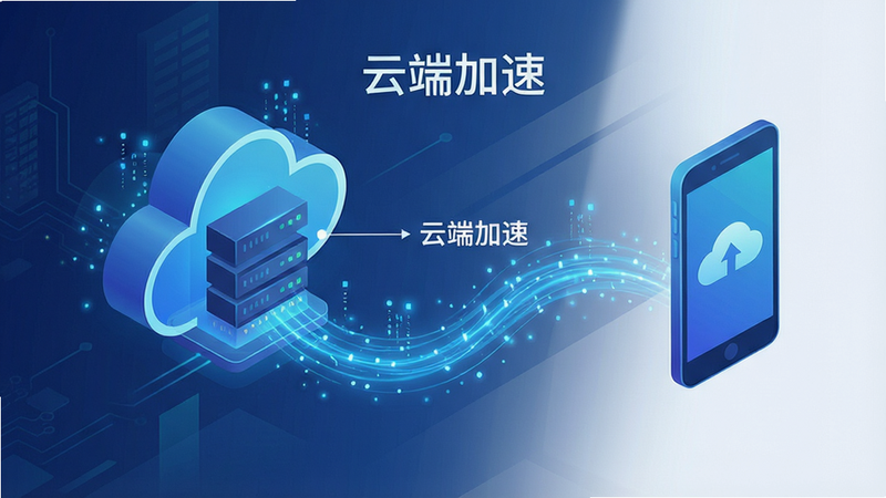 一张展示云端服务器与手机连接的数据流动示意图,主体为抽象的云服务器图标和手机图标,两者之间有发光的蓝色数据流连接,布局对称,排版清晰,风格科技感,细节包含数据粒子效果,画质高,干净,无多余元素,文字标注“云端加速”