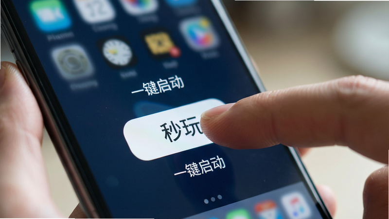 一张展示手指点击手机屏幕上“秒玩”按钮的特写图,主体为手机界面,背景虚化,布局聚焦于操作区域,排版简洁,风格写实,细节包含指尖触碰的瞬间,画质清晰,干净,无多余元素,文字标注“一键启动”
