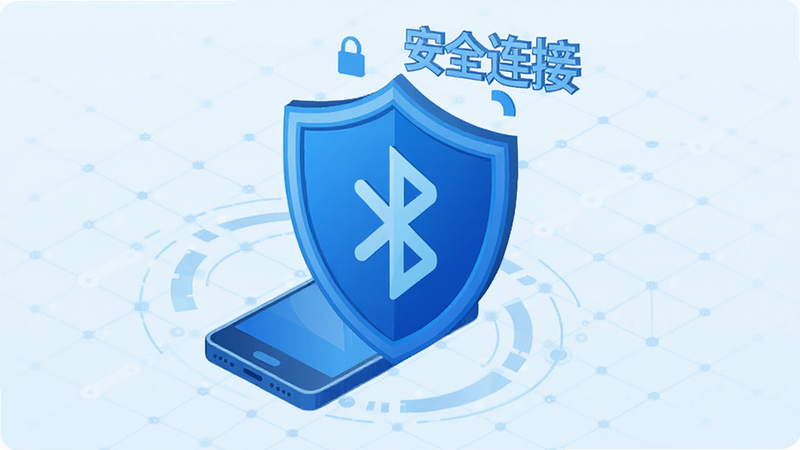 网络安全盾牌图标与手机连接示意,主体为蓝色盾牌覆盖在蓝牙符号上,布局中心构图,背景为淡蓝色科技网格,风格矢量插画,细节体现防护感,文字“安全连接”醒目,画质高清,干净简洁