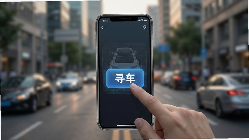 智能寻车功能示意图,主体为手机界面点击“寻车”按钮,布局简洁,背景模糊显示城市街道,风格写实摄影结合UI设计,细节丰富,光影自然,文字“寻车”高亮,画质超清,无多余水印
