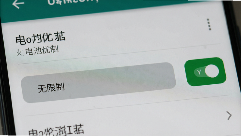 主体为手机设置界面截图,聚焦于“电池优化”选项,背景为Android系统设置风格,细节包含“无限制”按钮被高亮选中,风格为写实UI,画质清晰,干净无多余元素,文字“电池优化”清晰可见