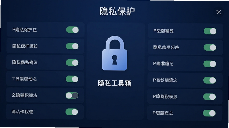 生成一张玄戒工具箱隐私保护功能界面图,主体为锁形图标与权限列表,布局对称,排版严谨,风格为安全感强的深蓝色调,细节展示权限开关状态,画质高清,干净,文字包含