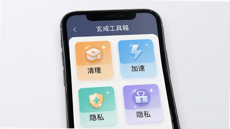 生成一张展示玄戒工具箱主界面的高清UI设计图,主体为手机屏幕,布局采用卡片式列表展示清理、加速、隐私等核心功能模块,排版整洁有序,风格为现代扁平化科技风,细节处包含图标的高光质感,画质清晰干净,无多余元素,文字包含