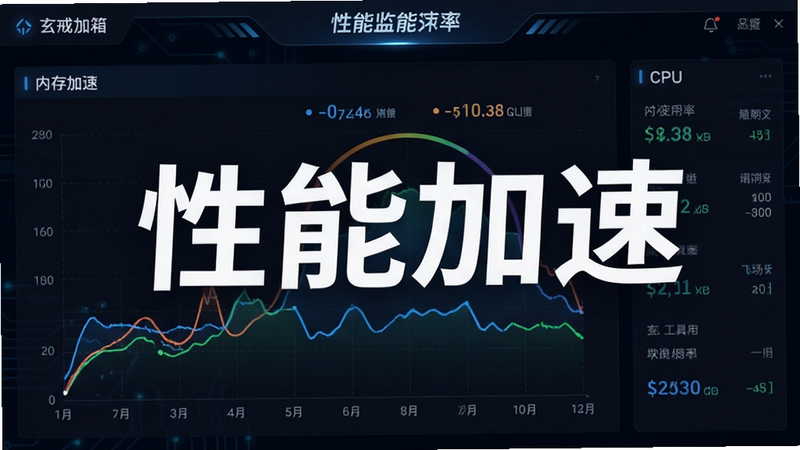 生成一张玄戒工具箱性能监控仪表盘界面图,主体为CPU与内存使用率曲线图,布局紧凑,排版突出实时数据,风格为深色科技风,细节包含数据动态效果,画质清晰,干净,文字包含