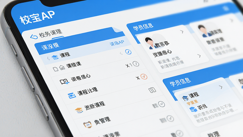 һ��У��APP�н������ģ�����дͼ���ص�չʾ�γ��б���ѧԱ��Ϣ��Ƭ���������������ɫ��ͼ���������Ű�����ͻ����У����Ʒ�Ʊ�ʶ�����רҵ����ϸ�ڷḻ����������