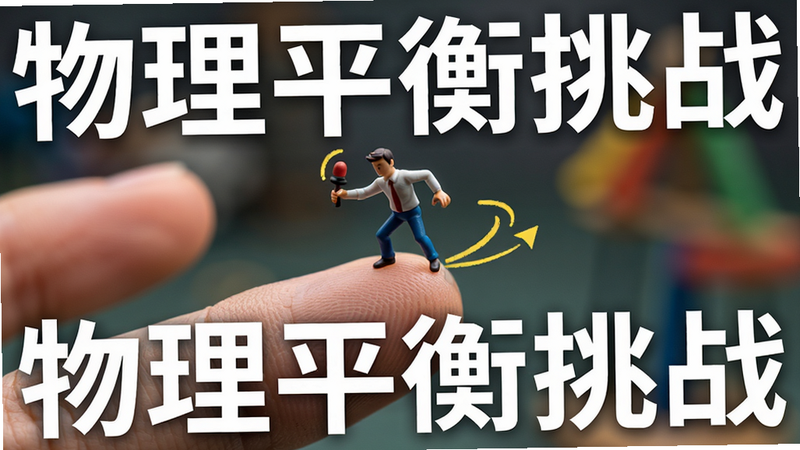 特写镜头,一只手的手指指尖上站着一个微小的人物模型,人物正在调整重心,旁边有动态的重心指示线,背景虚化,突出物理平衡的紧张感,文字“物理平衡挑战”,风格写实与卡通结合,细节丰富,干净无杂质