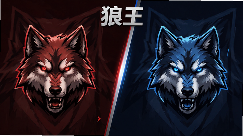 《狼王》多人对战加载界面,显示两个阵营的狼群图标,布局对称,排版简洁,风格竞技感强,细节包含红色与蓝色阵营标志,画质高保真,干净,无多余元素