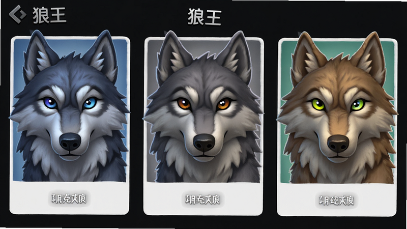 《狼王》游戏角色选择界面,展示三只不同形态的狼,布局为三列卡片式,排版清晰,风格卡通写实结合,细节展示狼的眼睛颜色差异,画质清晰,干净,无多余元素