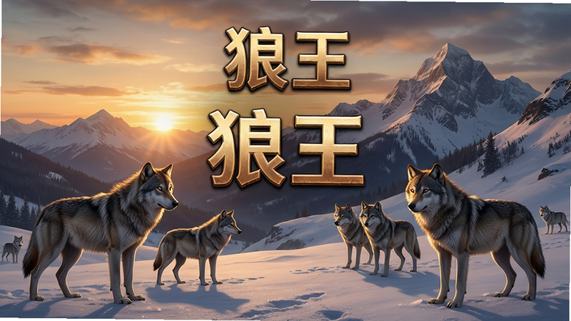 一张高清手机游戏界面截图,主体为《狼王》游戏主菜单,背景是黄昏下的雪山狼群,布局居中,排版整洁,风格写实,细节丰富,画质4k,干净,无多余元素