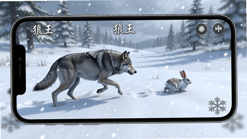 手机屏幕展示《狼王》游戏内的雪地场景,一只灰狼正在追踪雪兔,布局为第一人称视角,排版沉浸感强,风格写实,细节包括雪花飘落,画质高清,干净,无多余元素