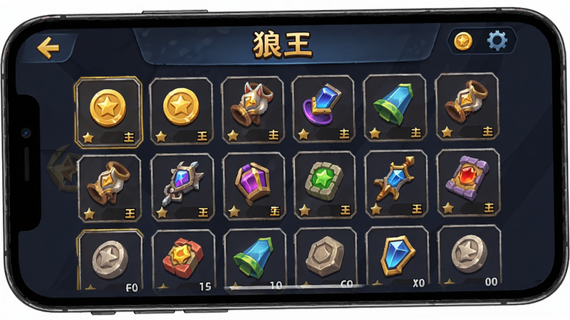 手机屏幕显示《狼王》游戏内的商店界面,展示虚拟道具图标,布局网格状,排版整齐,风格游戏UI,细节包含金币图标,画质清晰,干净,无多余元素