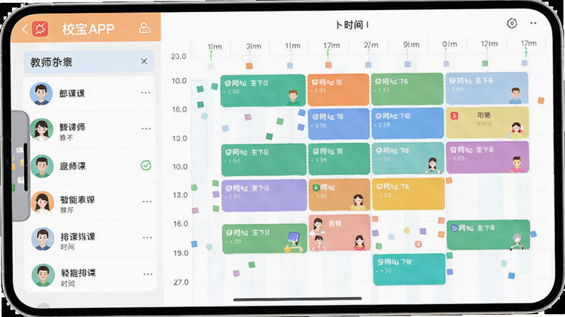 手机界面截图风格,展示校宝APP的排课模块,左侧是教师列表,右侧是时间轴网格,中间显示已生成的彩色课块,界面清新,字体清晰,体现智能排课的便捷性,高清细节,扁平化设计