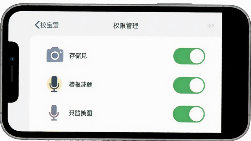手机设置界面示意图,显示校宝APP的权限管理页面,包括存储、相机、麦克风等开关状态,界面简洁,图标清晰,体现权限设置的重要性,高清矢量风格