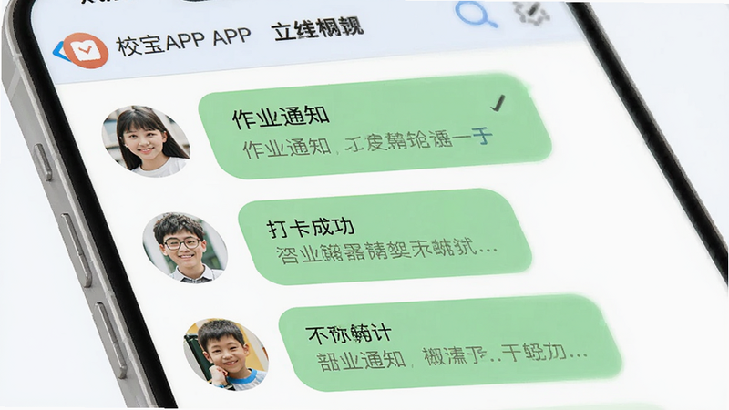 手机聊天界面预览,显示校宝APP的家校消息列表,左侧是头像,右侧是消息气泡,背景干净,突出沟通功能,包含“作业通知”、“打卡成功”等字样,UI设计现代,色彩柔和,高清渲染