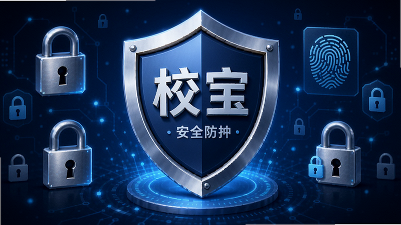 盾牌图标与校宝Logo结合的插画,象征安全防护,背景为科技蓝色调,周围环绕着锁、指纹、加密符号等元素,体现软件的安全性,高清渲染,细节丰富
