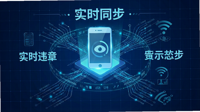 生成一张科技感十足的数据同步示意图,背景为深蓝色网格,中心是一个发光的手机图标,周围环绕着数据流线条,象征“实时违章动态监测”,画面中包含文字“实时同步”,风格科幻简洁,细节丰富,画质高清,无杂乱元素