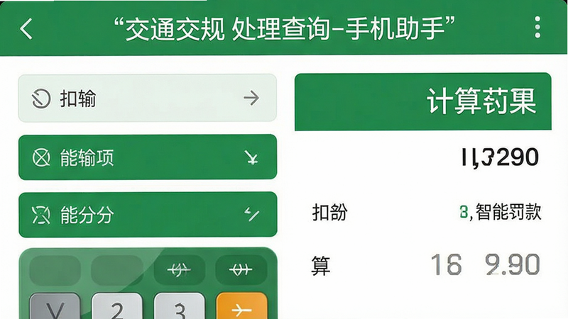 生成一张计算器界面预览图,主体为“交通交规处理查询-手机助手”中的计算器功能页面,布局清晰,左侧为输入选项,右侧为实时计算结果,风格商务简约,配色绿色与白色,细节处显示扣分与罚款数值,画质细腻,文字清晰“智能计算”,无多余装饰