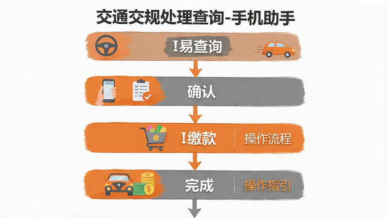 生成一张流程图解,展示“交通交规处理查询-手机助手”的操作步骤,布局为垂直流程图,包含四个关键节点:查询、确认、缴款、完成,风格扁平化插画,配色橙色与灰色,细节处标注“简易流程”,画质干净,文字清晰“操作指引”,无背景干扰