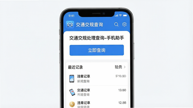生成一张高清UI设计图,主体为“交通交规处理查询-手机助手”安卓版应用界面,布局采用扁平化设计,顶部显示软件Logo与名称,中间核心区域为醒目的“立即查询”按钮,下方列出最近违章记录列表,风格现代简约,配色以蓝色和白色为主,细节精致,画质清晰,无多余元素,文字清晰可见“交通交规处理查询-手机助手”
