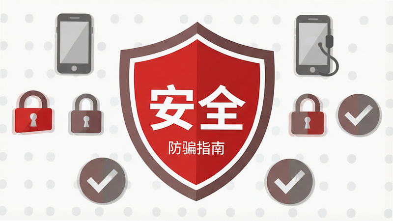 生成一张安全使用指南插图,主体为一个盾牌形状,中间写着“安全”,周围环绕着手机、锁、对勾等图标,布局中心对称,风格矢量扁平,配色红色与灰色,细节处显示“防骗指南”,画质清晰,文字醒目,无杂乱背景