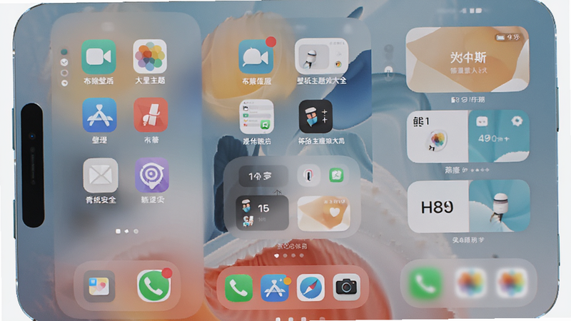 展示手机桌面布局的示意图,包含排列整齐的应用图标、小部件以及背景壁纸,整体风格现代简约,体现“壁纸主题大全”的布局定制功能,构图平衡,色彩和谐,细节精致,高清渲染,无杂乱元素