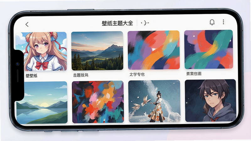 一张展示“壁纸主题大全”APP主界面的概念图,主体为手机屏幕,屏幕上显示着分类清晰的壁纸预览网格,包含动漫、风景、抽象艺术等类别,布局整洁有序,采用扁平化设计风格,色彩柔和,细节处有轻微的高光效果,画质高清,干净无多余元素