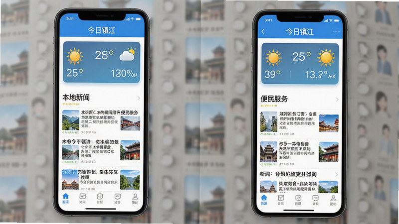 生成一张高保真的手机应用界面预览图,主体为“今日镇江”APP首页界面,布局清晰,顶部显示天气组件,中间是新闻瀑布流,底部有导航栏。排版简洁现代,风格清新蓝色调,细节展现文字清晰、图标精致,画质4k,干净,无多余元素,文字内容包含